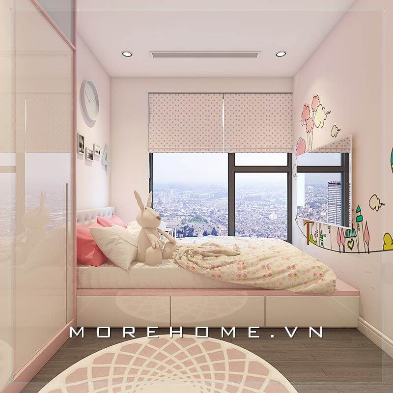 Mẫu nội thất phòng ngủ bé gái với gam màu trắng chủ đạo, tô điểm trên đó là những chi tiết màu hồng phấn nhẹ nhàng giúp tô điểm thêm không gian có chiều sâu hơn